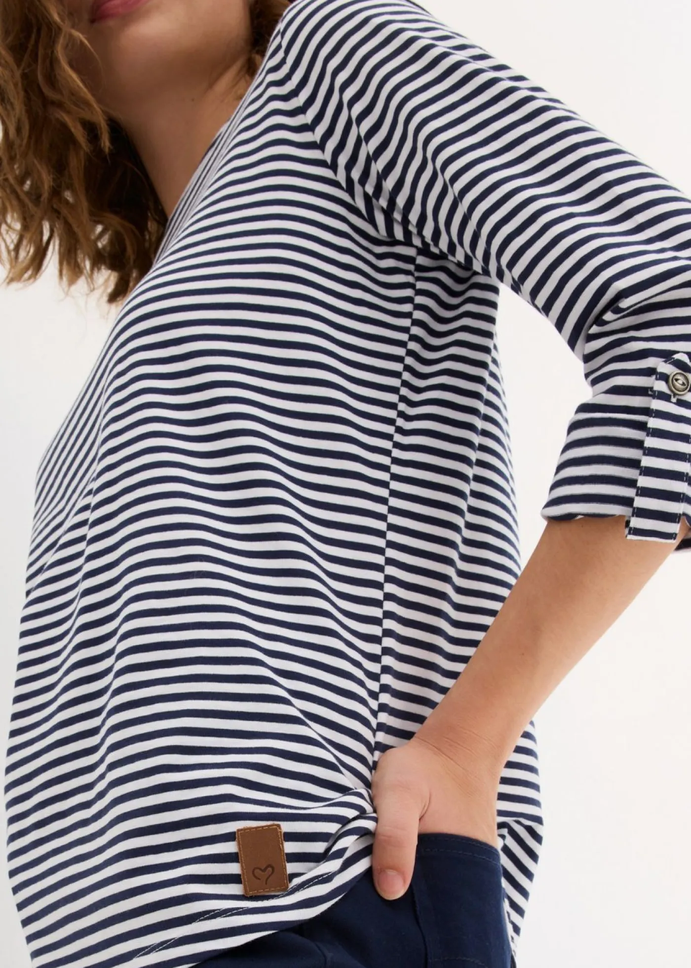 bonprix bonprix Camisetas|Novedades>Camiseta de manga larga de algodón puro Azul marino-blanco de rayas