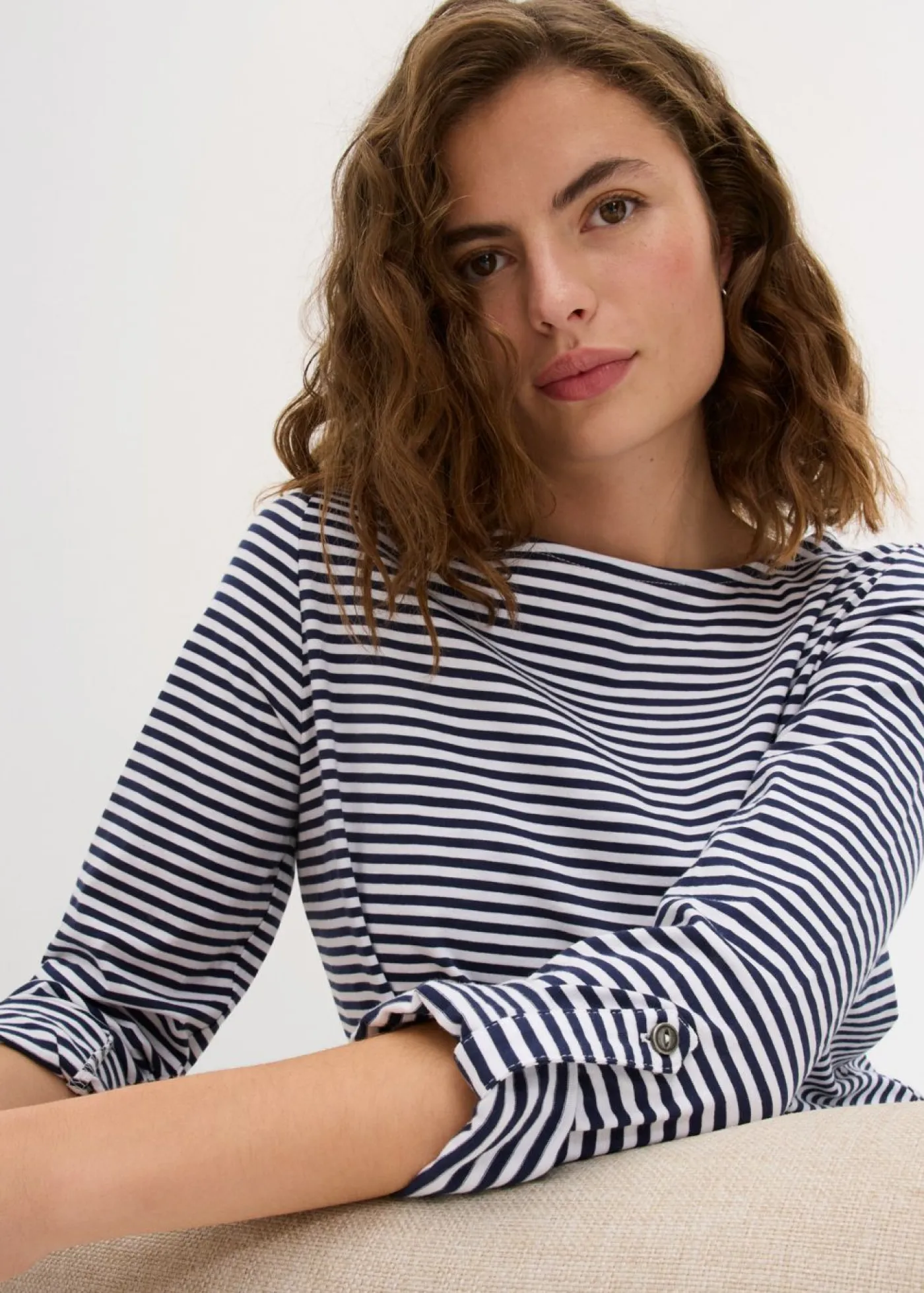 bonprix bonprix Camisetas|Novedades>Camiseta de manga larga de algodón puro Azul marino-blanco de rayas