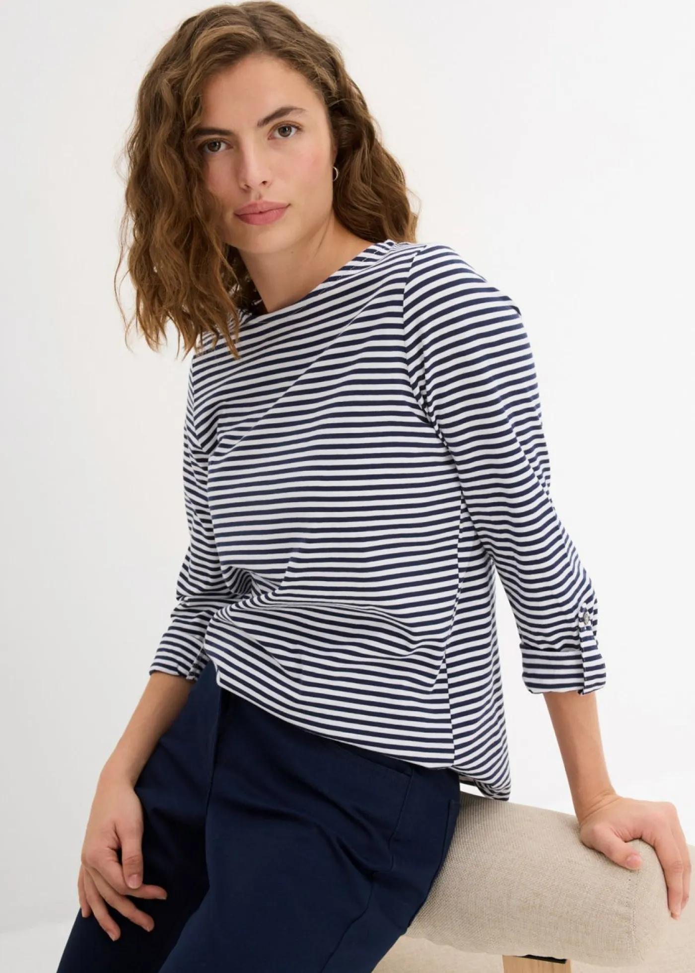 bonprix bonprix Camisetas|Novedades>Camiseta de manga larga de algodón puro Azul marino-blanco de rayas