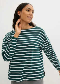 bonprix bonprix Básicos|Camisetas>Camiseta de manga larga de algodón orgánico puro (2 unidades) Verde intenso/blanco de rayas + negro/blanco de rayas