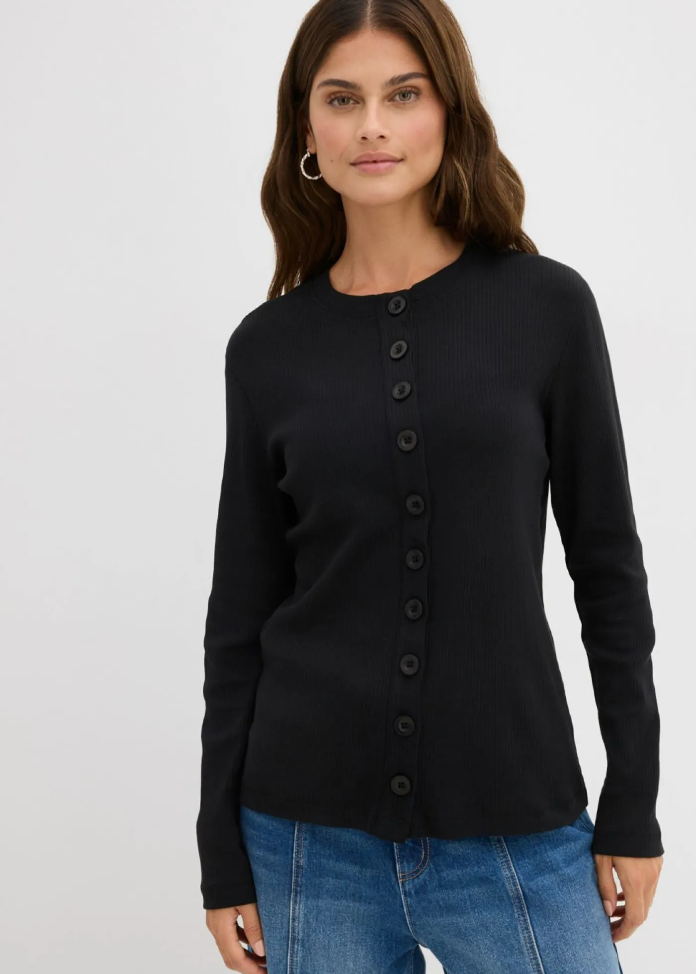 Mujer bonprix bonprix Camiseta de manga larga de canalé de algodón puro