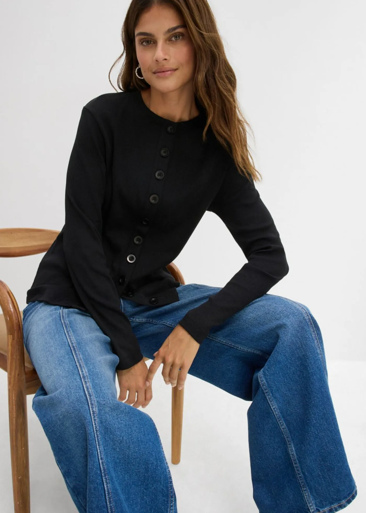 Mujer bonprix bonprix Camiseta de manga larga de canalé de algodón puro