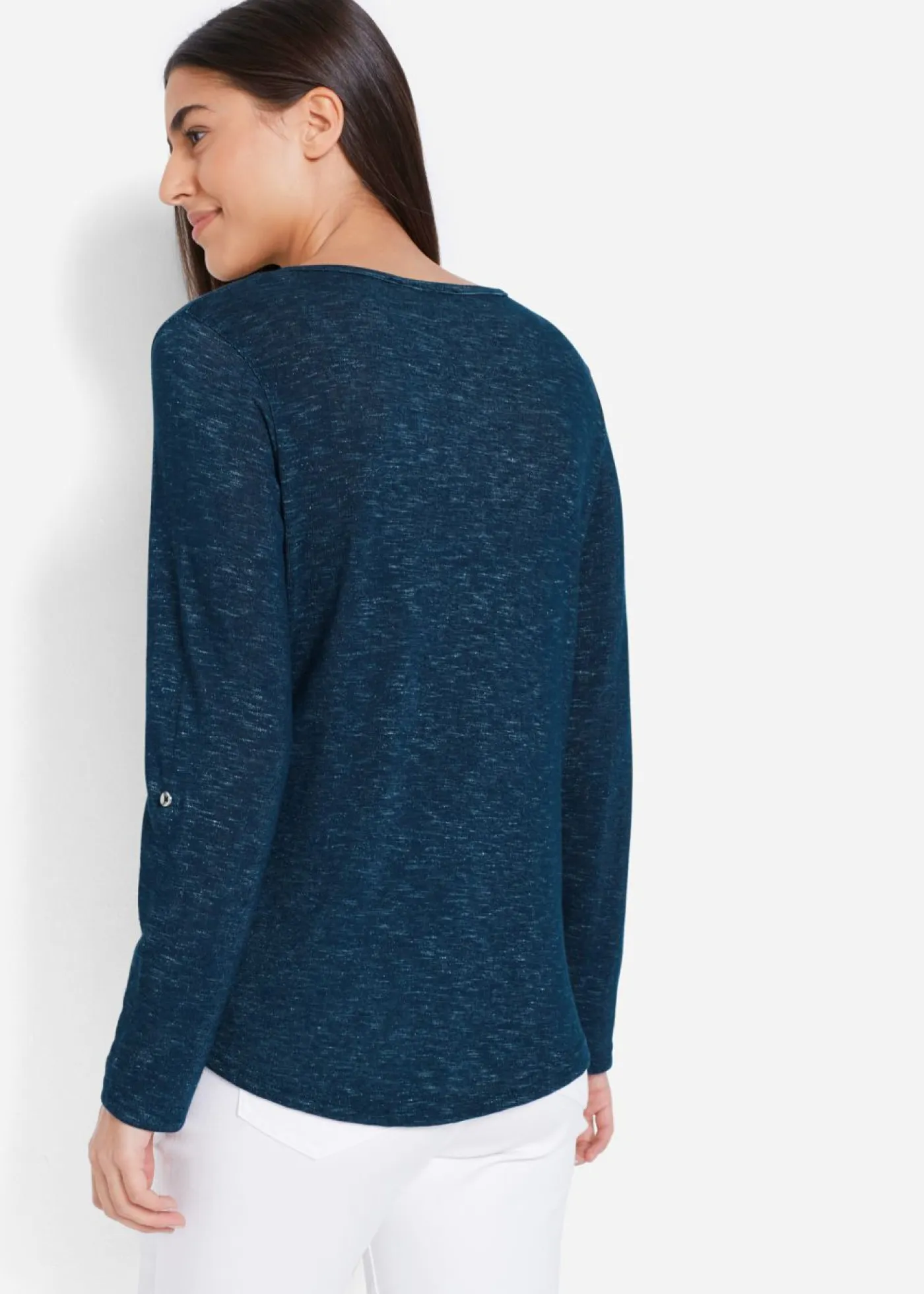 bonprix bonprix Camisetas>Camiseta de mezcla de algodón con manga larga y botones Azul marino jaspeado