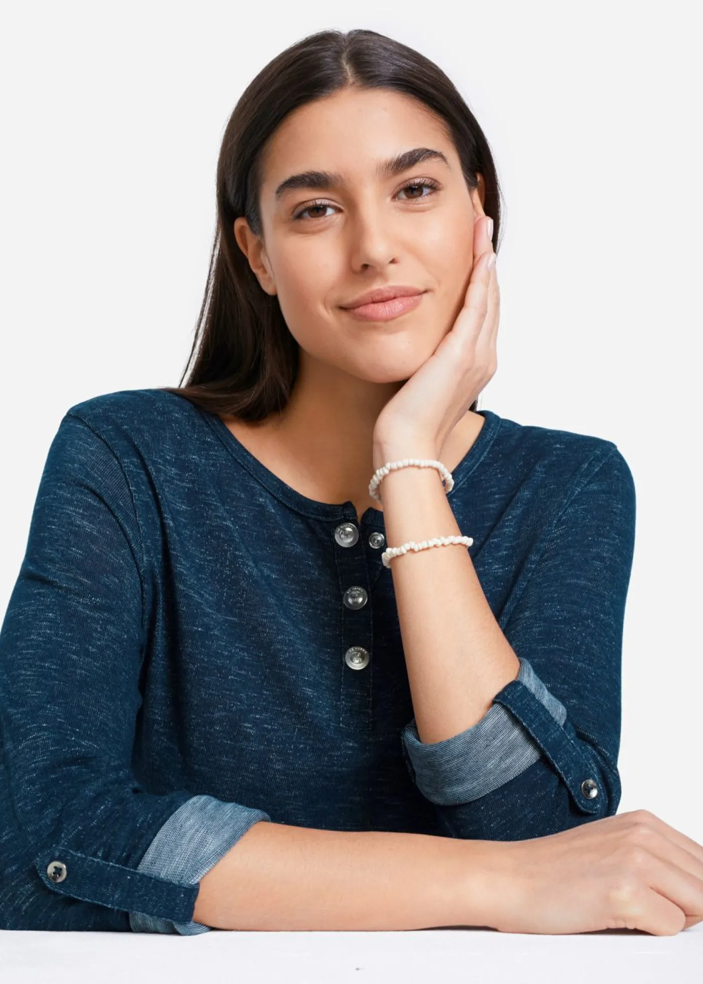 bonprix bonprix Camisetas>Camiseta de mezcla de algodón con manga larga y botones Azul marino jaspeado