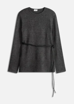 Mujer bonprix bonprix Camiseta de punto con contenido de lana y lazo de piel sintética