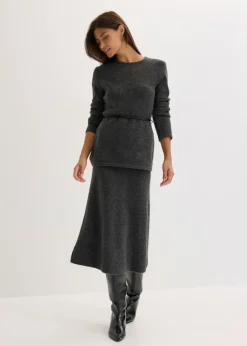 Mujer bonprix bonprix Camiseta de punto con contenido de lana y lazo de piel sintética