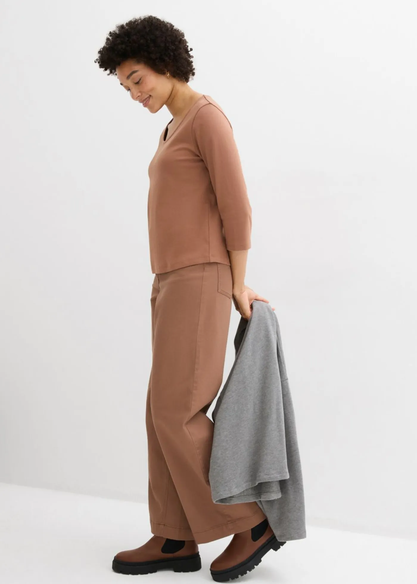 bonprix bonprix Básicos|Camisetas>Camiseta de punto grueso de algodón orgánico puro con mangas 3/4 Marrón castaño