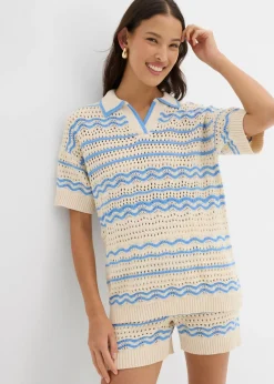 bonprix bonprix Camisetas|Ropa De Punto>Camiseta de punto oversize en mezcla vaporosa de algodón y lino marfil/azul provenzal rayas horizontales