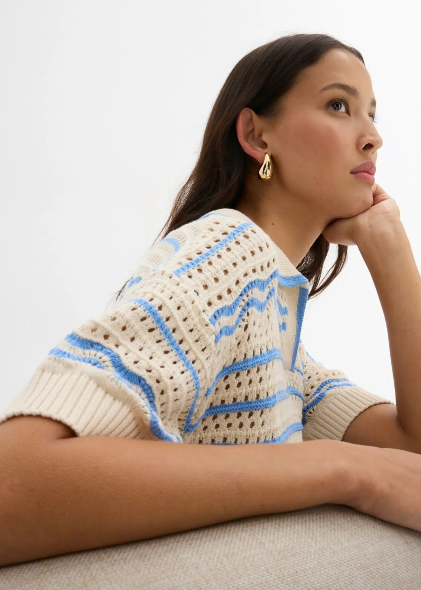 bonprix bonprix Camisetas|Ropa De Punto>Camiseta de punto oversize en mezcla vaporosa de algodón y lino marfil/azul provenzal rayas horizontales