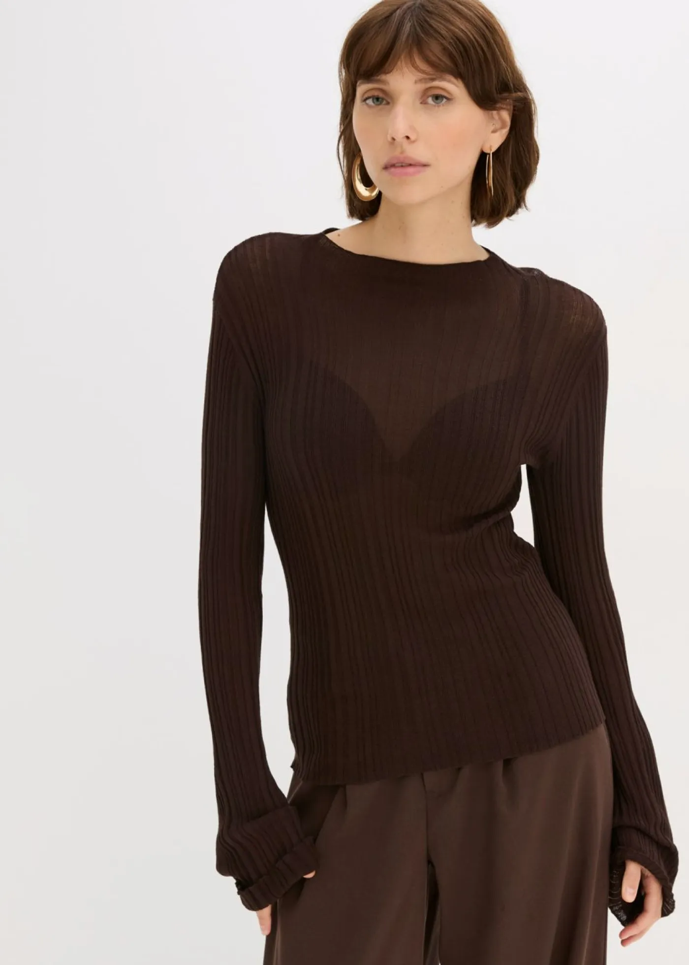 bonprix bonprix Camisetas|Ropa De Punto>Camiseta de punto semitransparente Marrón oscuro