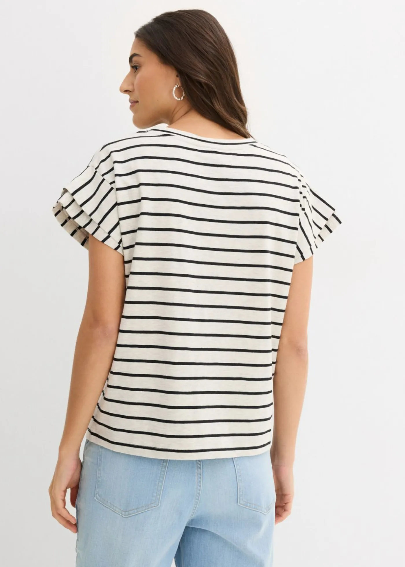 bonprix bonprix Camisetas>Camiseta de rayas con volantes en las mangas crudo-negro con rayas