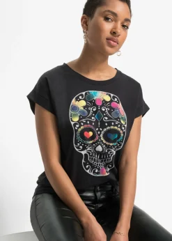 bonprix bonprix Camisetas>Camiseta de suave mezcla de viscosa Negro estampado