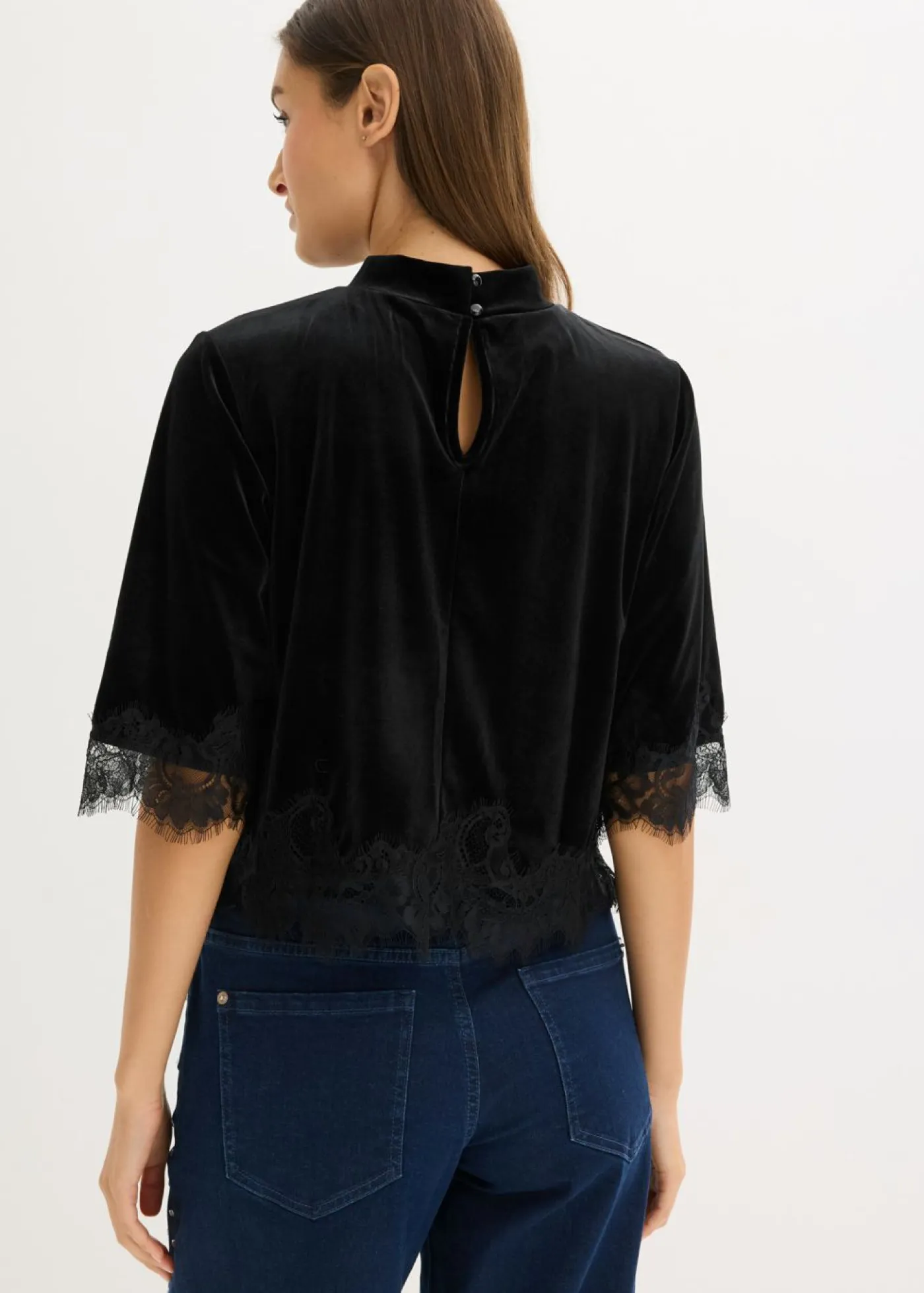 bonprix bonprix Camisetas>Camiseta de terciopelo con encaje Negro