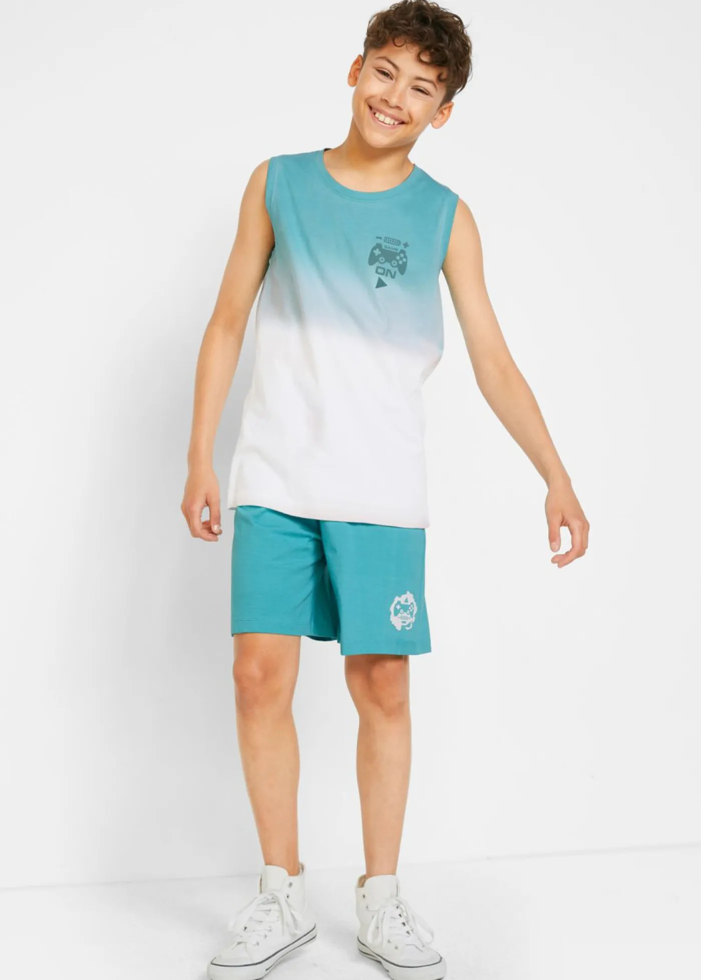 bonprix bonprix Ropa 9 A 16 Años·Camisetas|Ropa 9 A 16 Años·Shorts>Camiseta de tirantes y bermudas de punto (2 piezas) de algodón orgánico puro Azul verdoso oscuro-blanco estampado