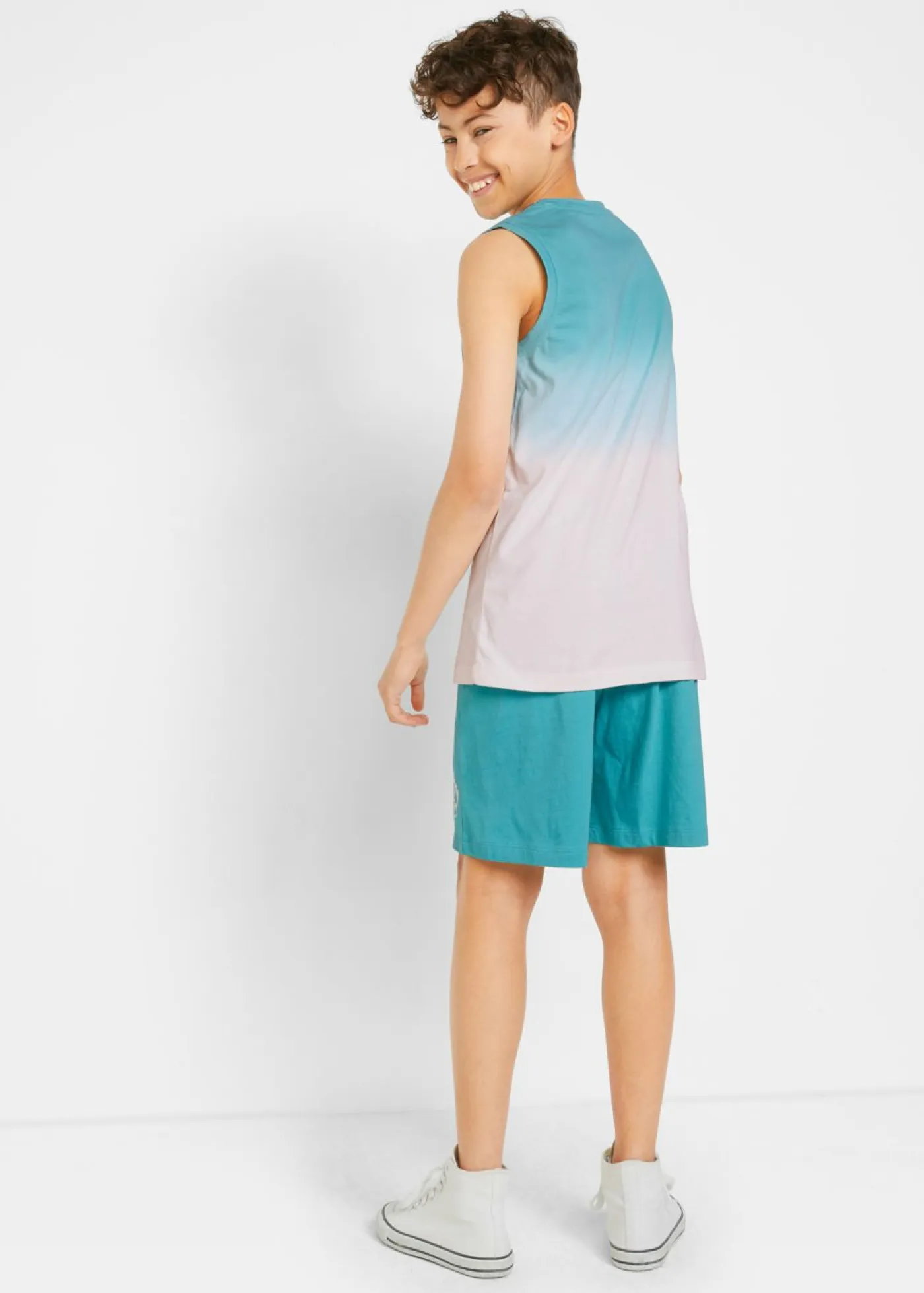 bonprix bonprix Ropa 9 A 16 Años·Camisetas|Ropa 9 A 16 Años·Shorts>Camiseta de tirantes y bermudas de punto (2 piezas) de algodón orgánico puro Azul verdoso oscuro-blanco estampado