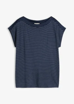 bonprix bonprix Camisetas|Novedades>Camiseta de viscosa fluida con ribete de satén azul marino-blanco con rayas