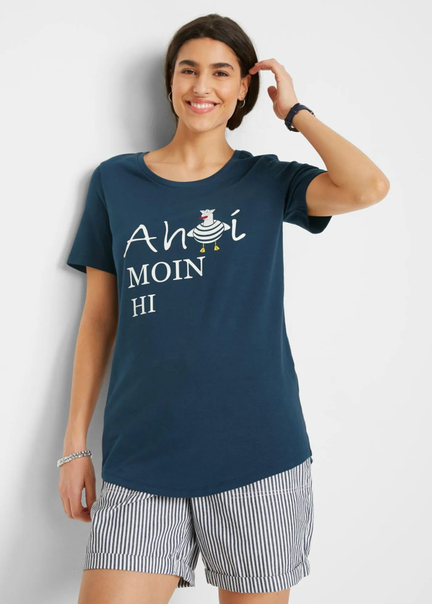 bonprix bonprix Camisetas>Camiseta en mezcla de algodón Azul marino estampado