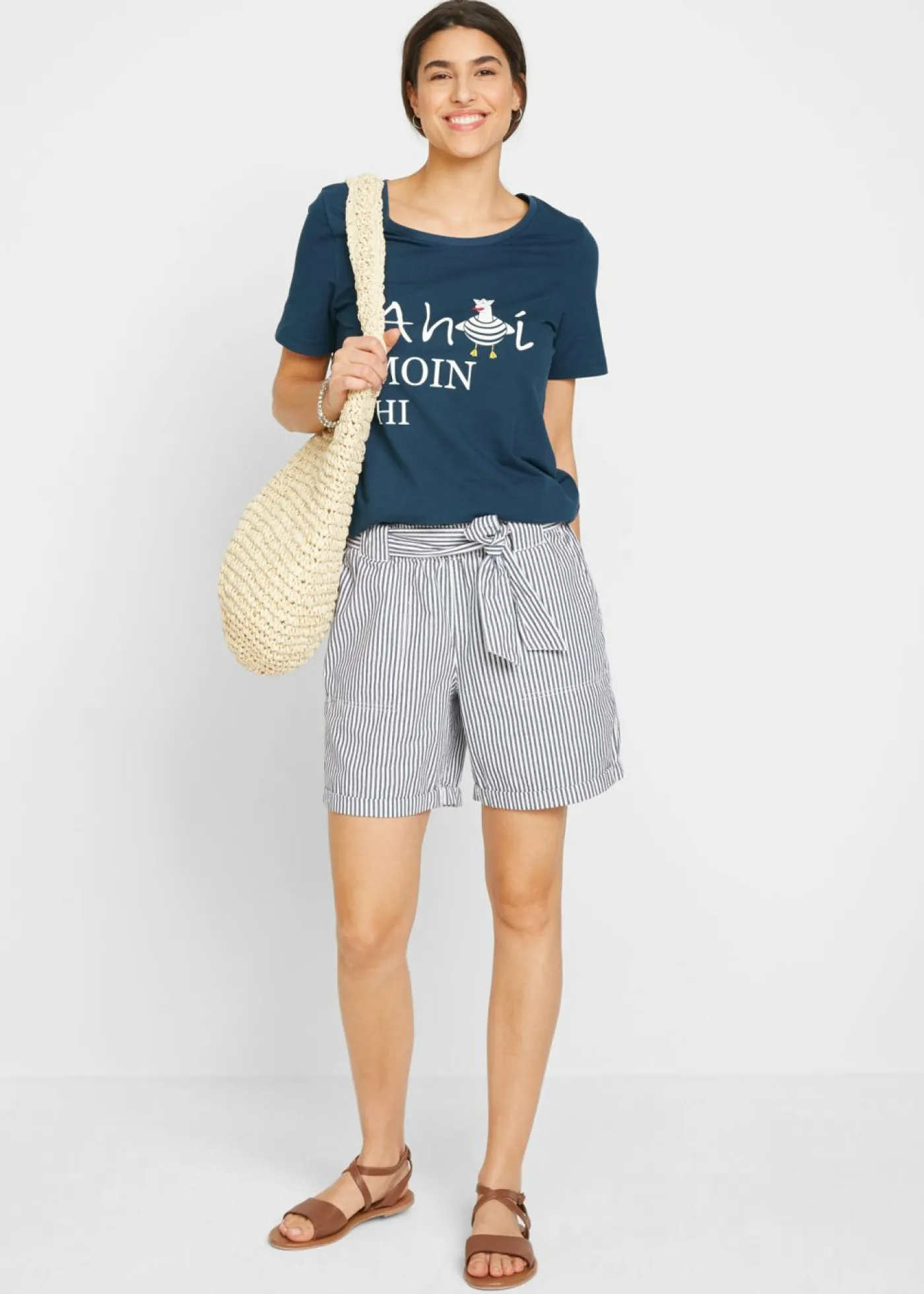 bonprix bonprix Camisetas>Camiseta en mezcla de algodón Azul marino estampado