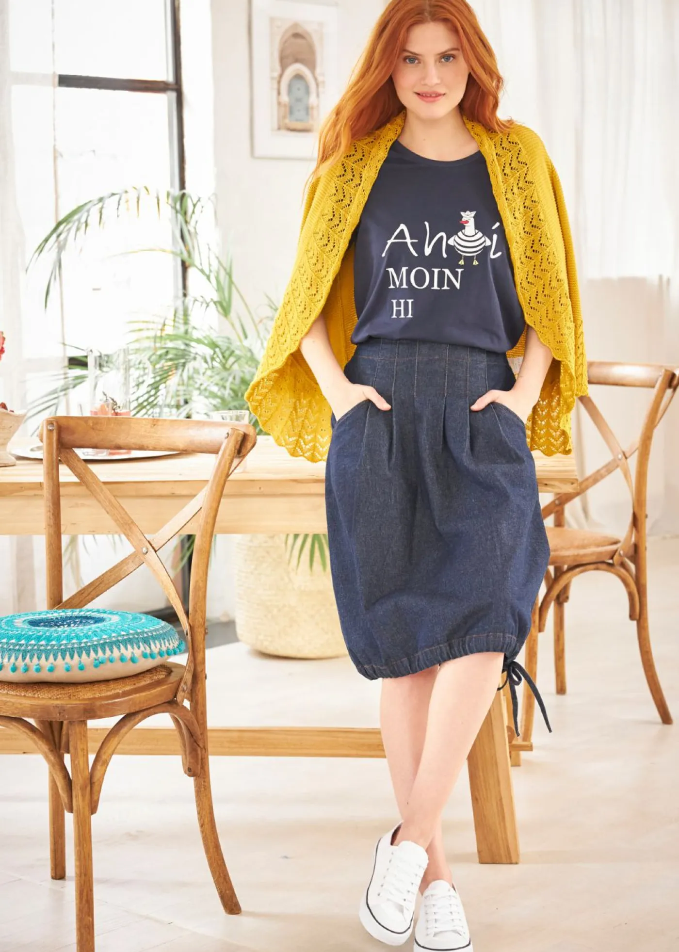 bonprix bonprix Camisetas>Camiseta en mezcla de algodón Azul marino estampado