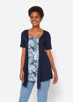 bonprix bonprix Camisetas>Camiseta estampada 2 en 1 con cuello redondo Azul oscuro con patrón Paisley