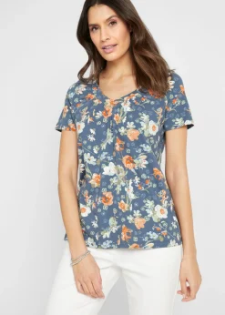 bonprix bonprix Camisetas>Camiseta estampada de algodón orgánico con manga corta Azul añil de flores