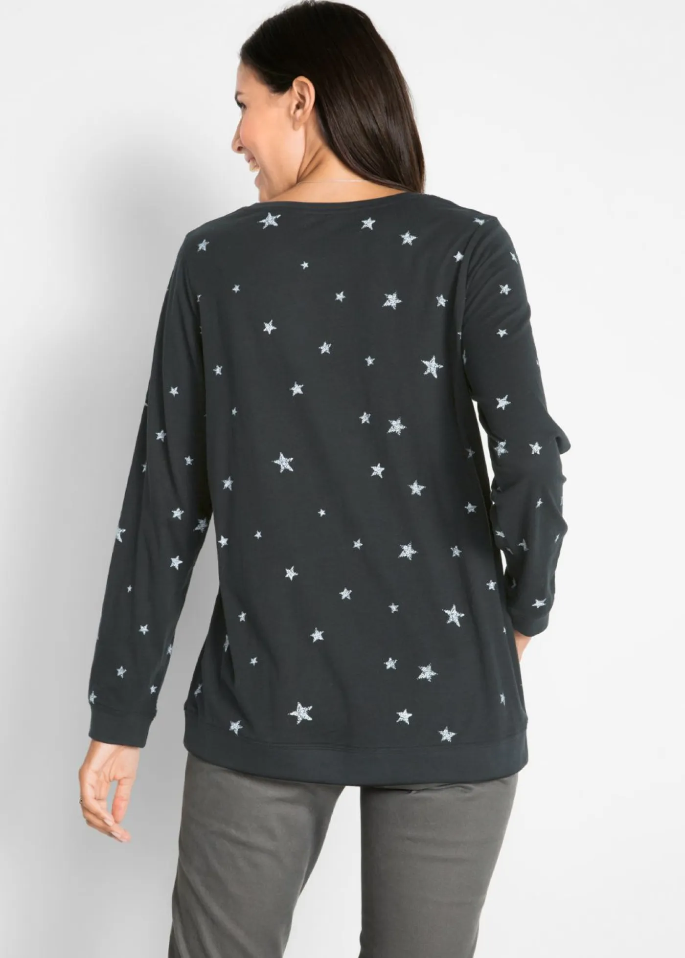 bonprix bonprix Camisetas>Camiseta estampada de algodón con manga larga Negro estampado