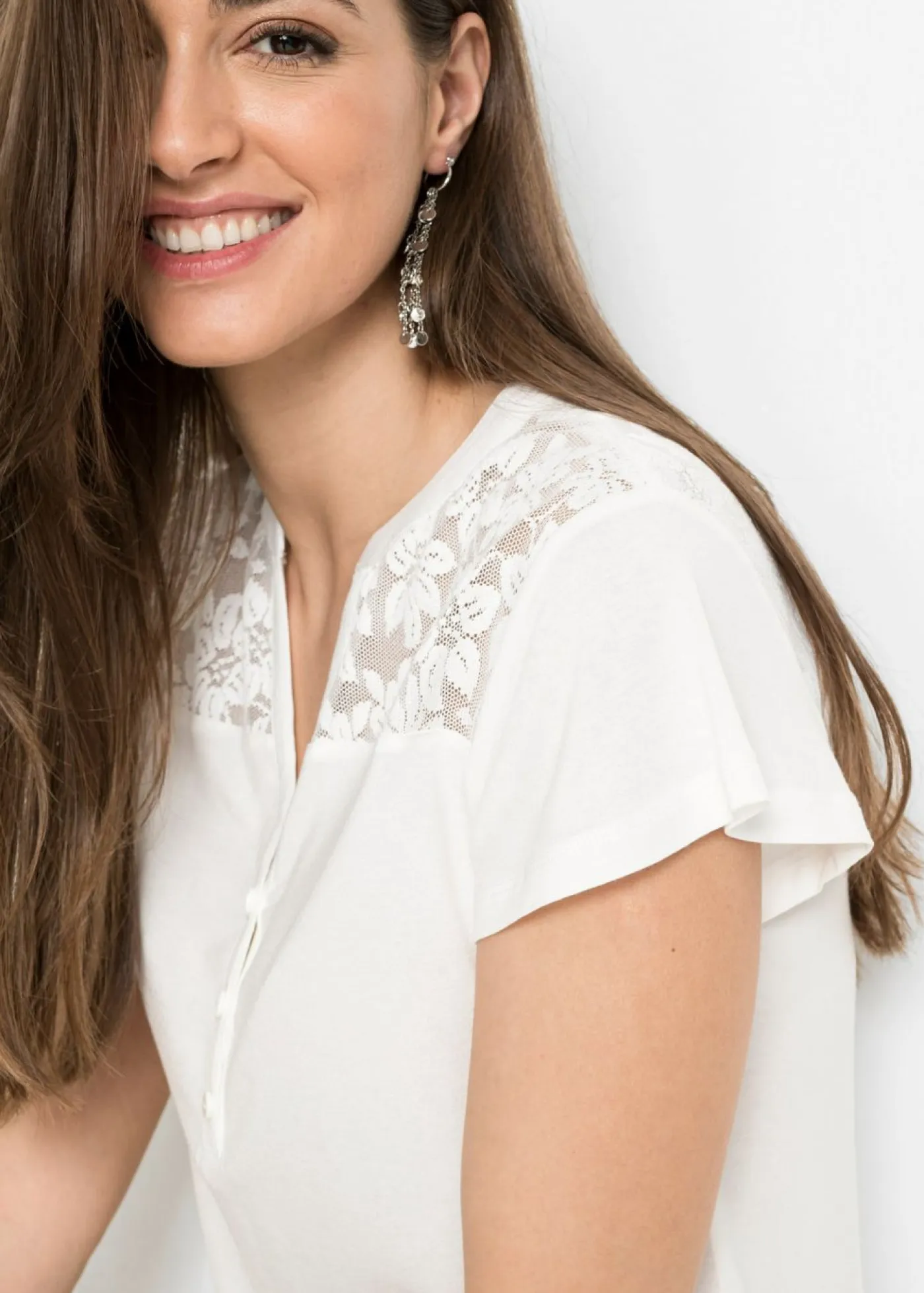 bonprix bonprix Camisetas>Camiseta henley de mezcla de viscosa Blanco lana