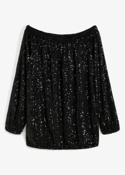 bonprix bonprix Camisetas>Camiseta holgada con escote bañera y lentejuelas Negro