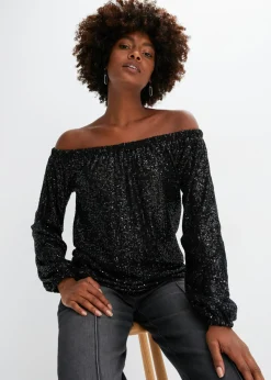 bonprix bonprix Camisetas>Camiseta holgada con escote bañera y lentejuelas Negro