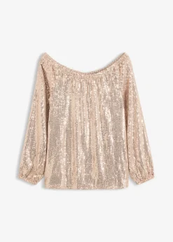 bonprix bonprix Camisetas>Camiseta holgada con escote bañera y lentejuelas Piedra/plata