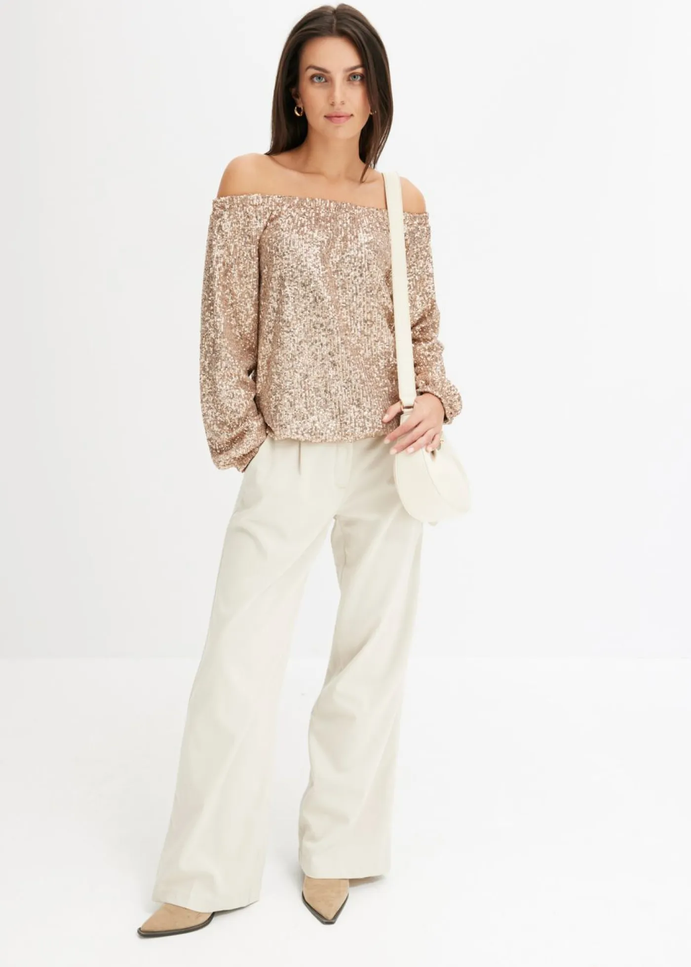 bonprix bonprix Camisetas>Camiseta holgada con escote bañera y lentejuelas Piedra/plata