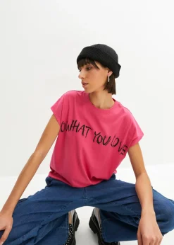 bonprix bonprix Camisetas>Camiseta holgada de algodón puro Pink lady/negro estampado