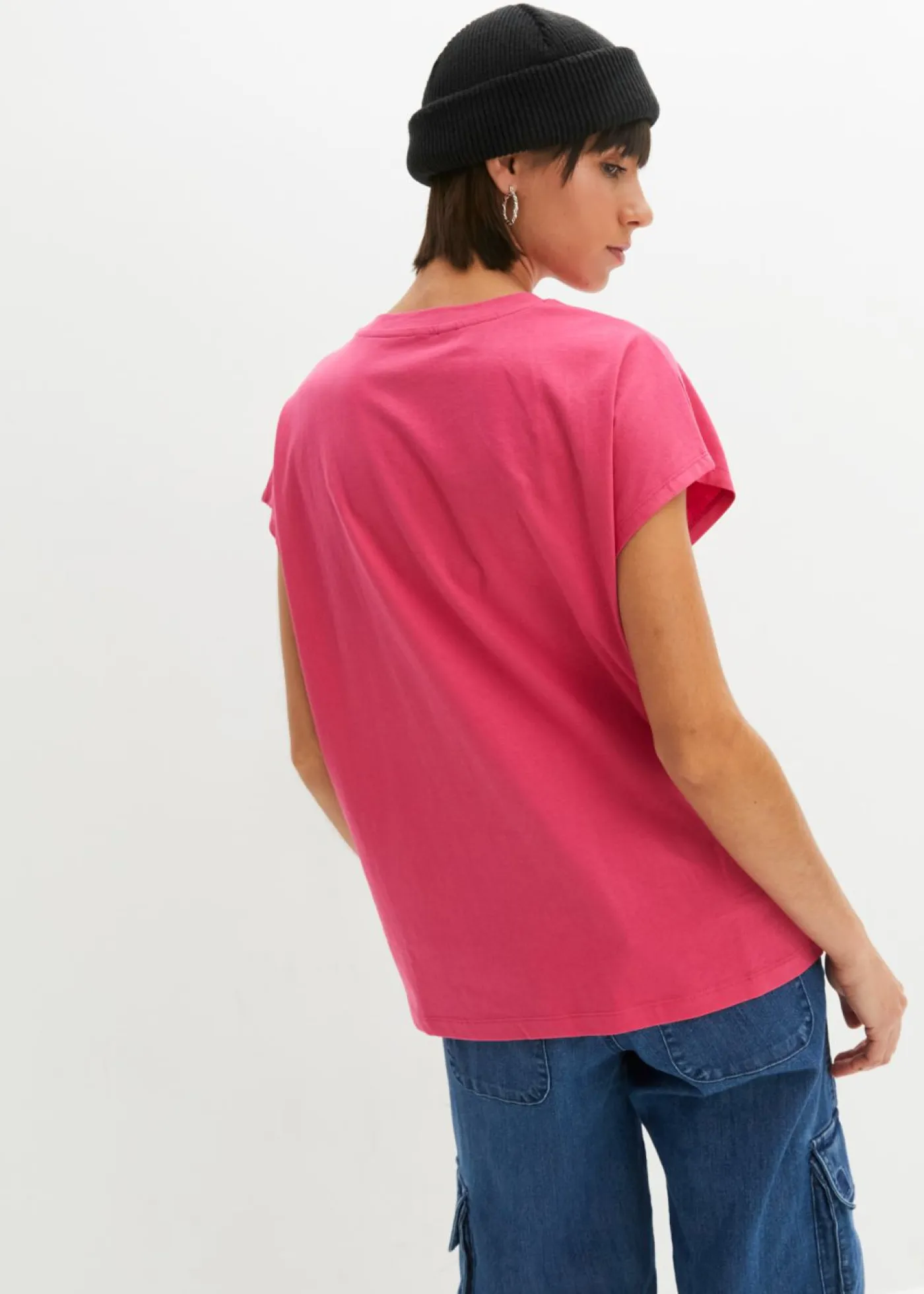 bonprix bonprix Camisetas>Camiseta holgada de algodón puro Pink lady/negro estampado