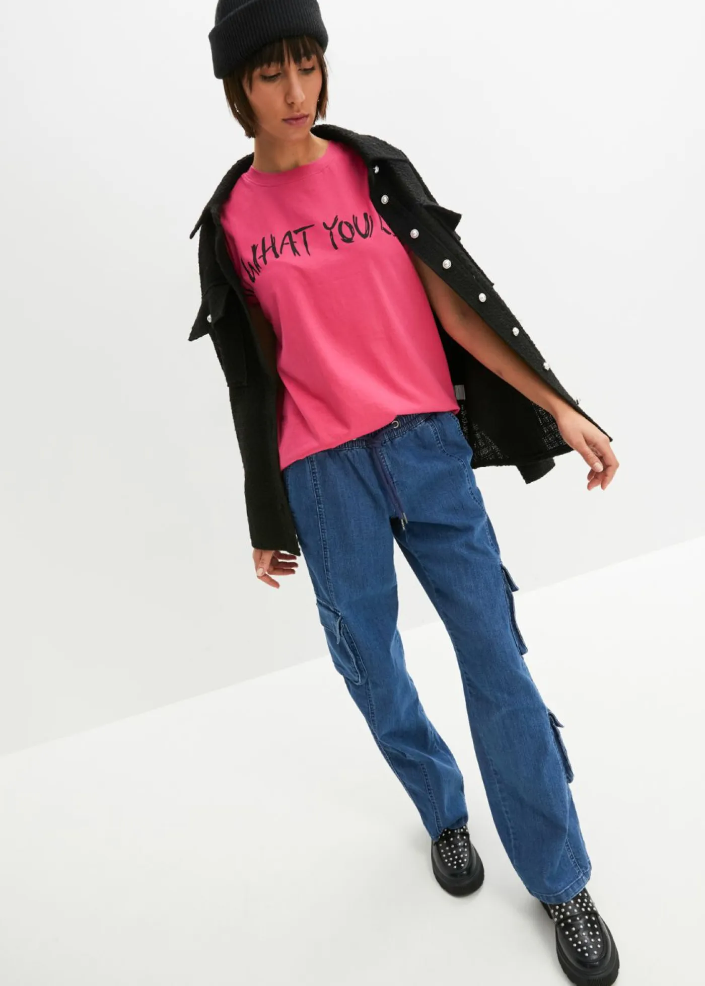 bonprix bonprix Camisetas>Camiseta holgada de algodón puro Pink lady/negro estampado