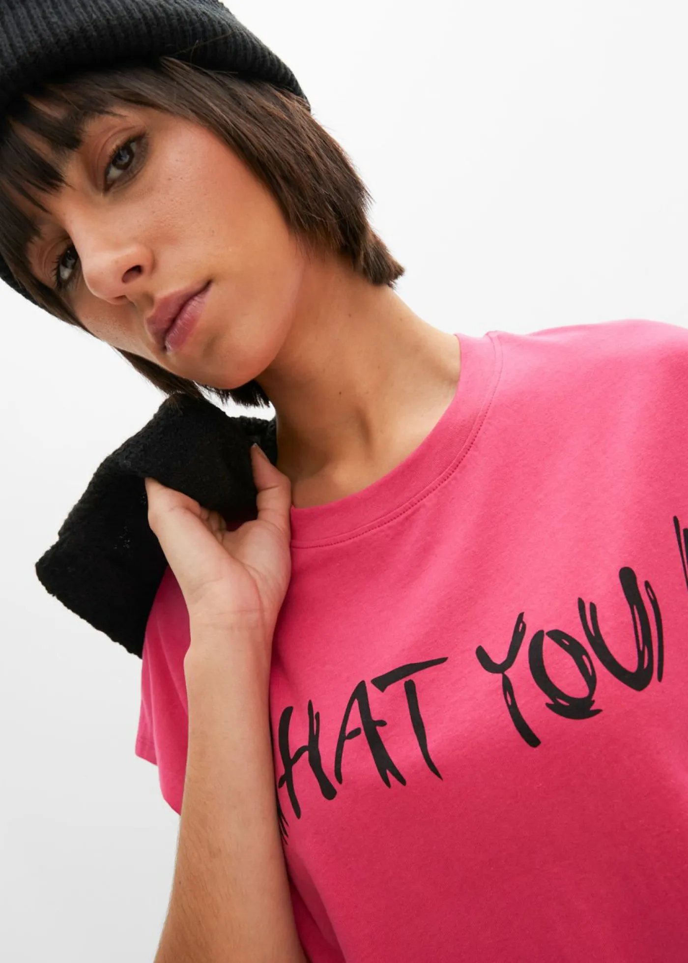 bonprix bonprix Camisetas>Camiseta holgada de algodón puro Pink lady/negro estampado