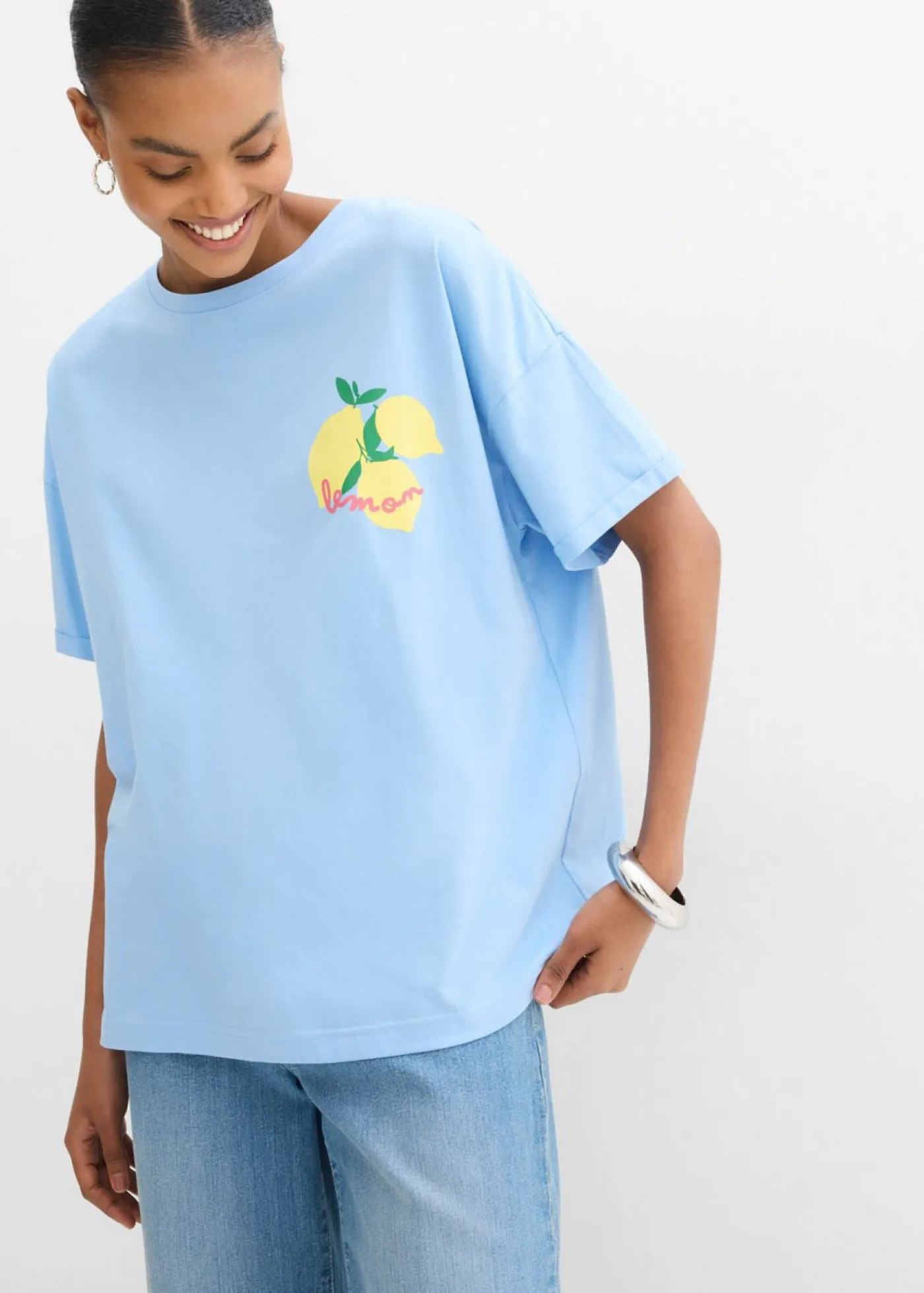 bonprix bonprix Camisetas>Camiseta holgada de algodón orgánico puro azul claro-amarillo suave