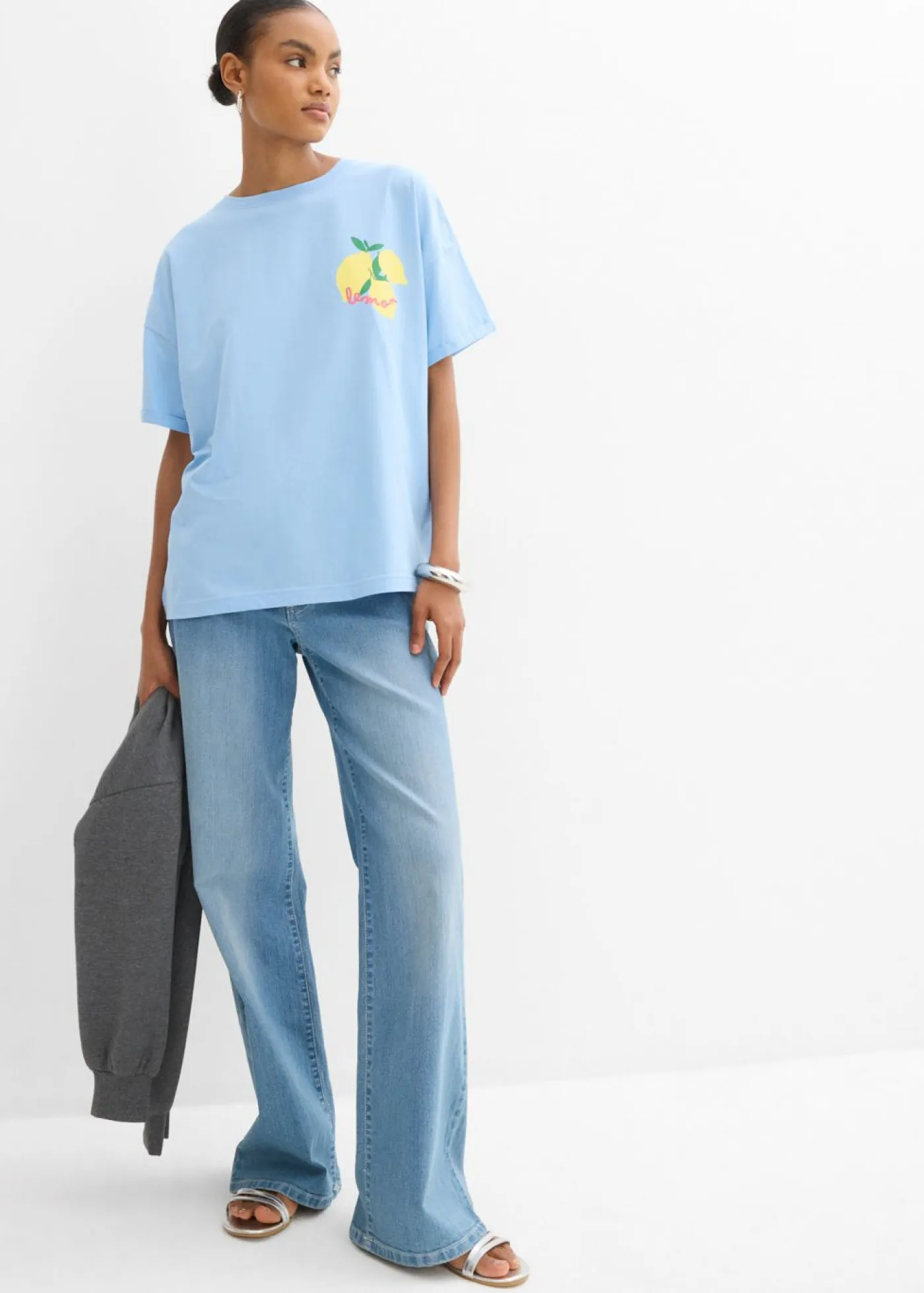 bonprix bonprix Camisetas>Camiseta holgada de algodón orgánico puro azul claro-amarillo suave