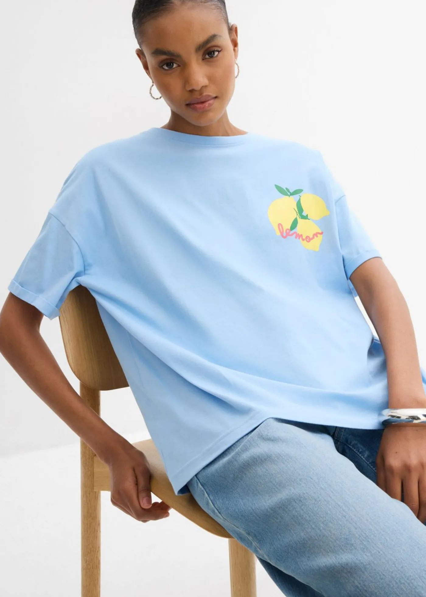 bonprix bonprix Camisetas>Camiseta holgada de algodón orgánico puro azul claro-amarillo suave