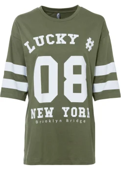 bonprix bonprix Camisetas>Camiseta holgada de algodón orgánico puro Verde oliva-blanco