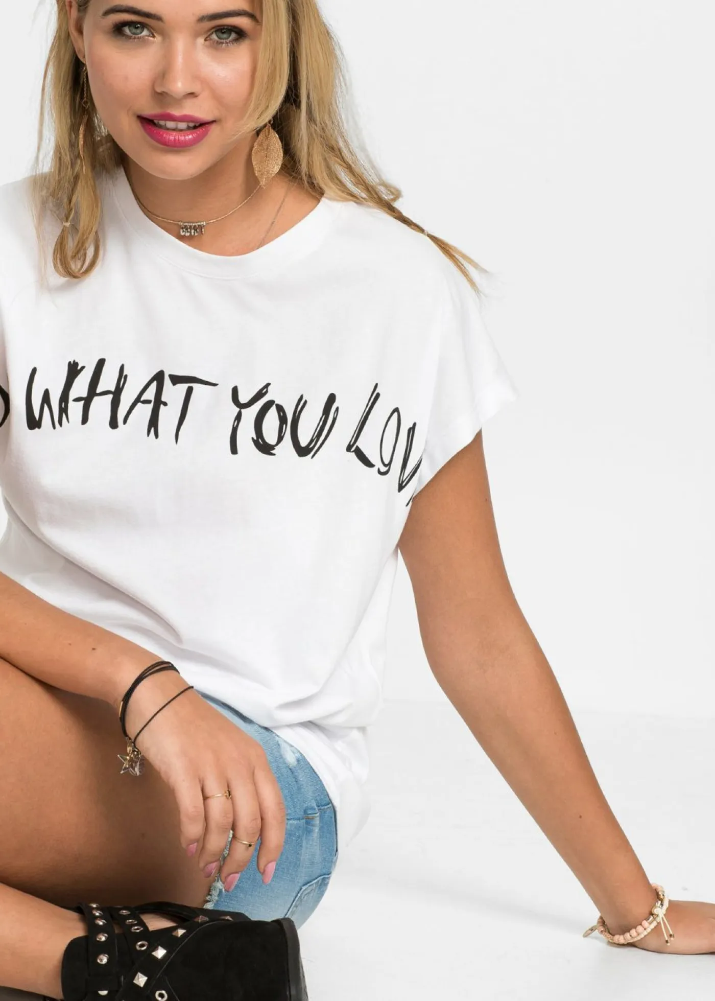 bonprix bonprix Camisetas>Camiseta holgada de algodón puro Blanco con frase
