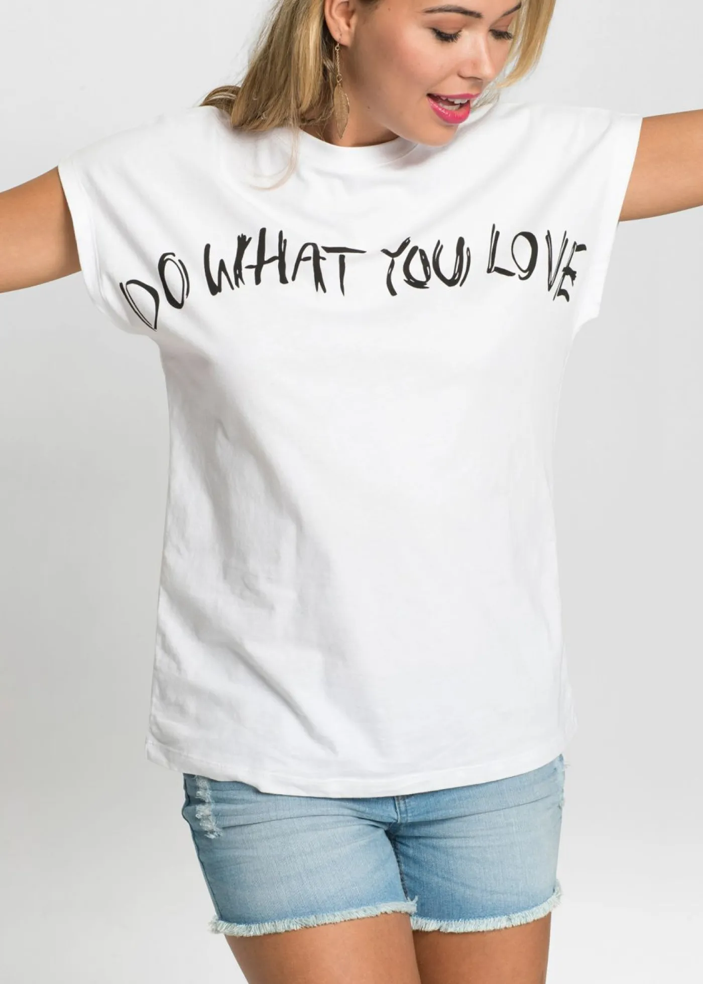 bonprix bonprix Camisetas>Camiseta holgada de algodón puro Blanco con frase