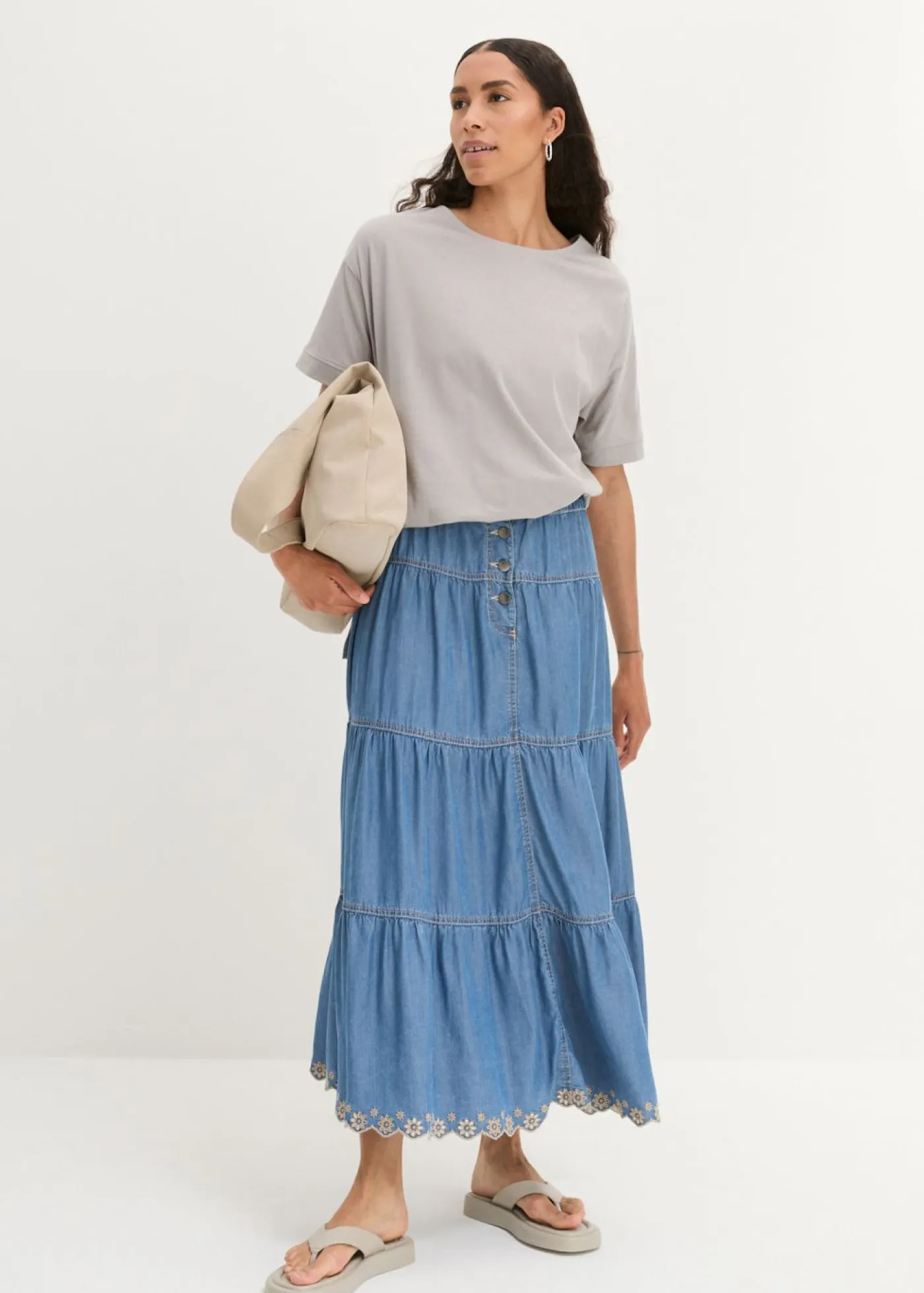 bonprix bonprix Camisetas>Camiseta holgada de algodón con aberturas laterales gris sombra