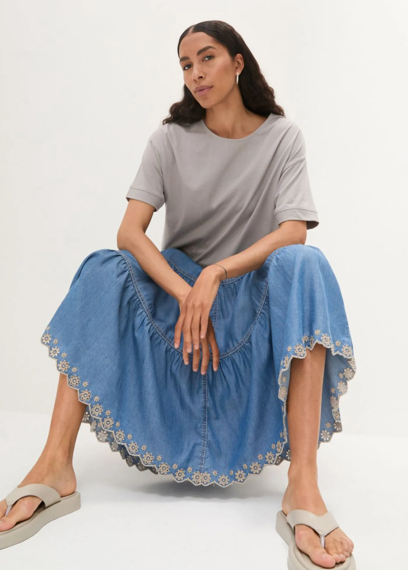 bonprix bonprix Camisetas>Camiseta holgada de algodón con aberturas laterales gris sombra