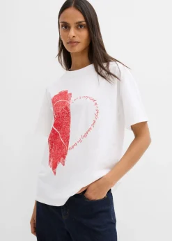 bonprix bonprix Camisetas>Camiseta holgada de mezcla de algodón orgánico elástico Blanco-fresa