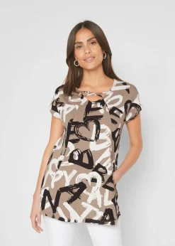 bonprix bonprix Camisetas>Camiseta larga Marrón grisáceo-negro-blanco estampado