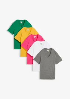 bonprix bonprix Básicos|Camisetas>Camiseta larga ancha con cuello en V, manga corta (5 unidades) Verde gema/blanco/gris jaspeado/pink lady/amarillo azafrán