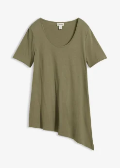 bonprix bonprix Camisetas|Novedades>Camiseta larga asimétrica de mezcla de algodón y viscosa Verde oliva