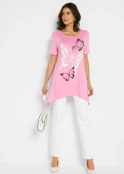 Mujer bonprix bonprix Camiseta larga con bajo irregular y estampado de mariposas