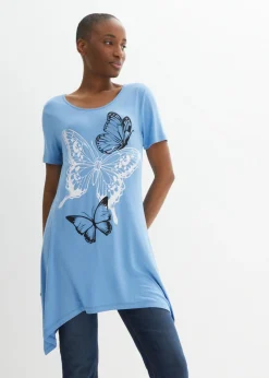 Mujer bonprix bonprix Camiseta larga con bajo irregular y estampado de mariposas