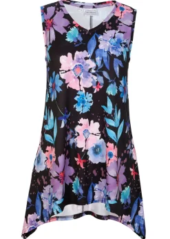 bonprix bonprix Camisetas>Camiseta larga con borde irregular Negro-lila de flores